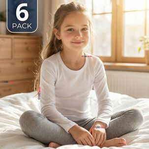 Pack 6 Camisetas Algod&oacute;n Manga Larga Polera Primera Capa Blanco Ni&ntilde;a