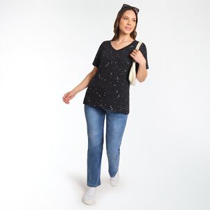 Polera Regular Aplicaci&oacute;n Folia Manga Corta Cuello V Mujer Sexy Large