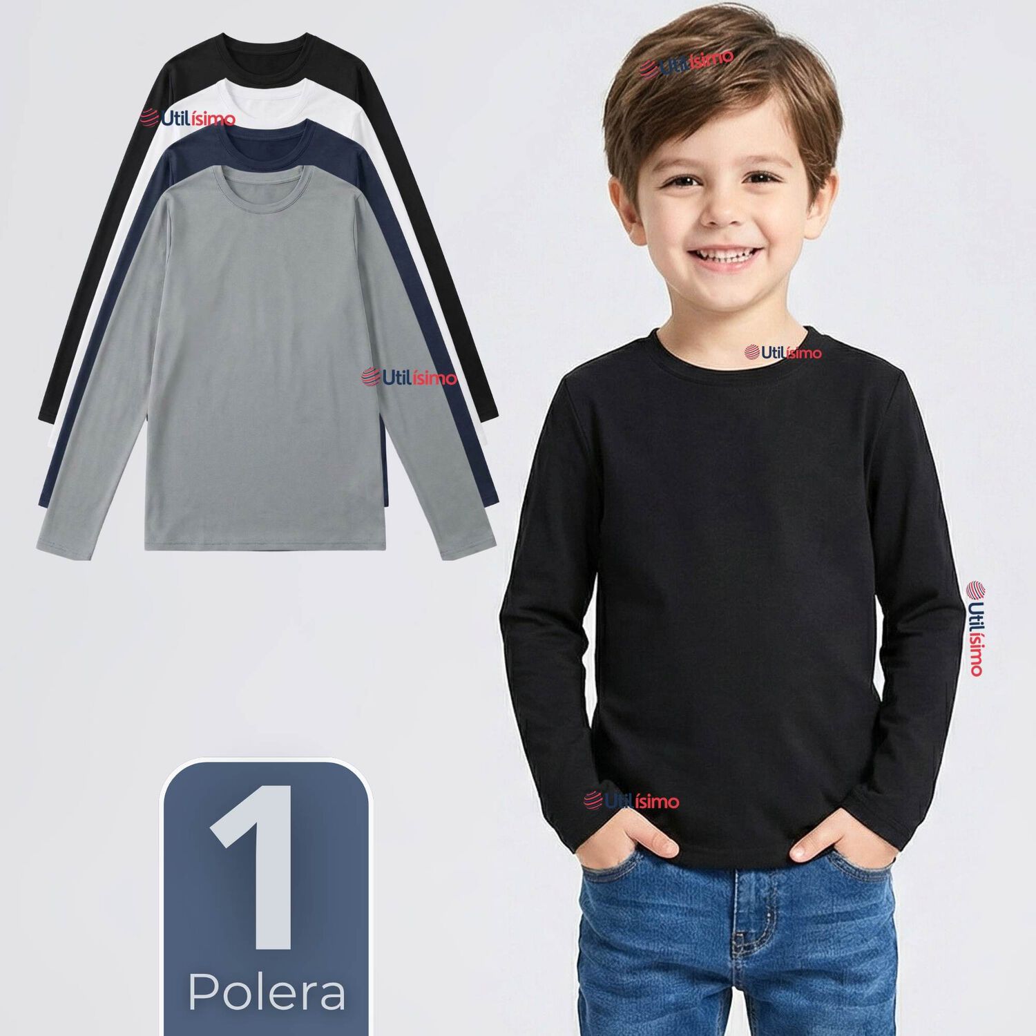 Polera Camiseta Polar Primera Capa Cuello Redondo Manga Larga Colores Surtido Niño