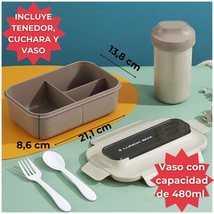 Fiambrera Contenedor Lunch Box 1200 Ml + Vaso T&aacute;per Pl&aacute;stico Beige