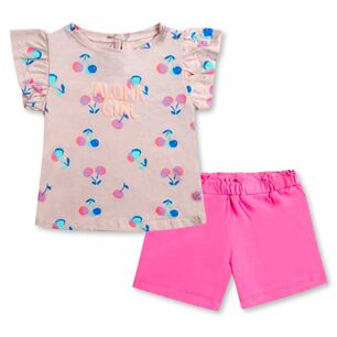 Set 2 Piezas Conjunto Polera Y Short Ni&ntilde;a Tedmimak Verano 100% Algod&oacute;n Rosa Girl
