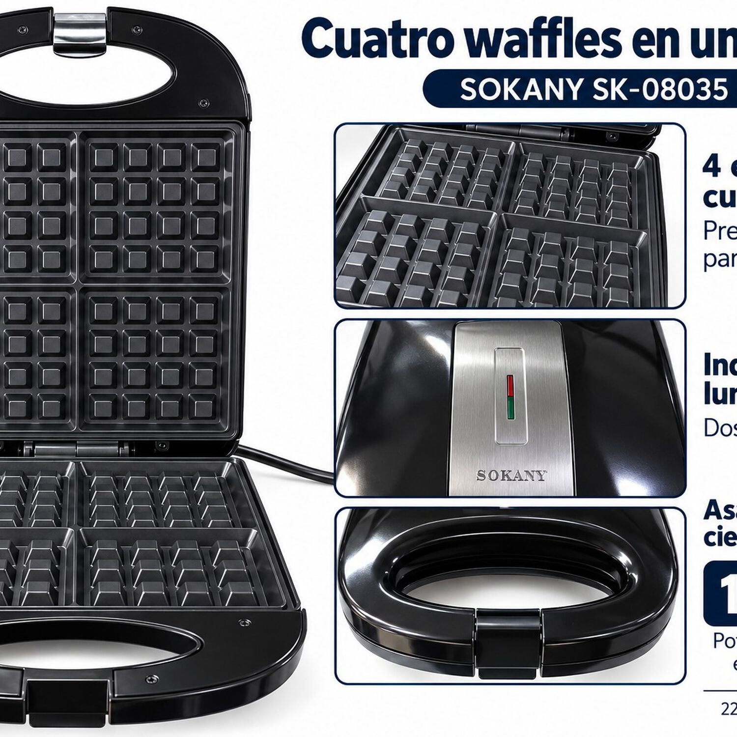 Wafflera El&eacute;ctrica Sokany 4 Waffles Cuadrados 1200w Antiadherente M&aacute;quina De Waffles Negra image number 3.0