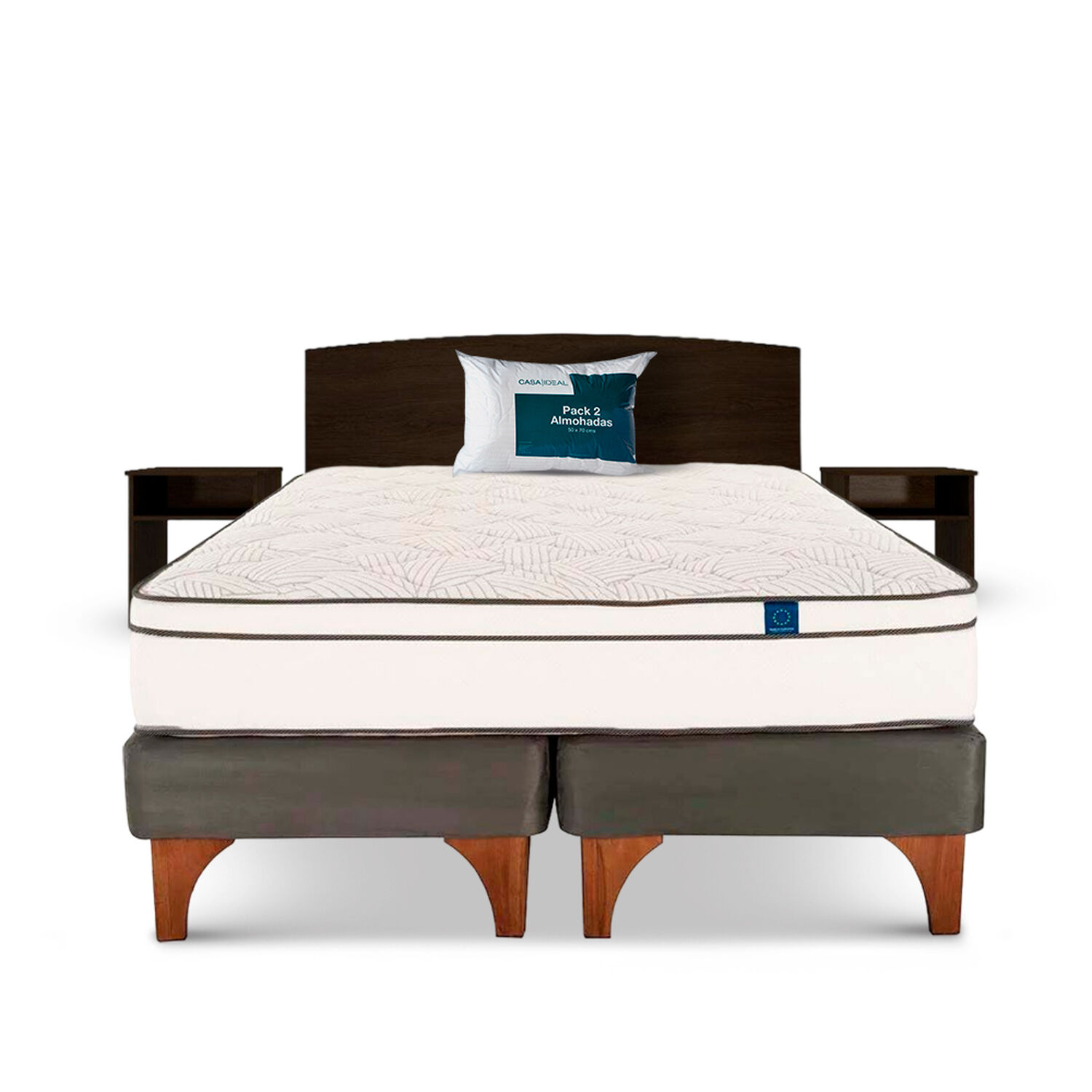 Cama Europea Flex Valencia / 2 Plazas / Base Dividida + Set De Maderas Dakar + Pack de Almohadas Casaideal 50x70 Cm image number 0.0