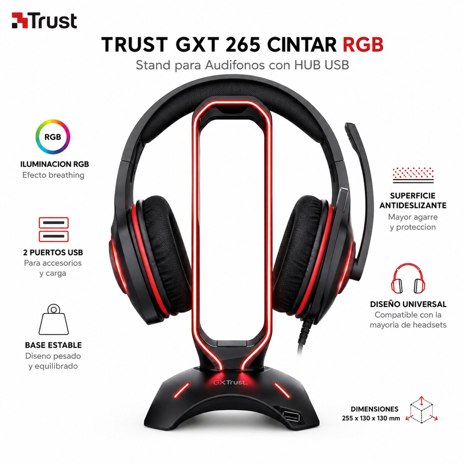 Soporte Stand Gamer Rgb Para Aud&iacute;fonos Trust Gxt 265 + Hub image number 7.0