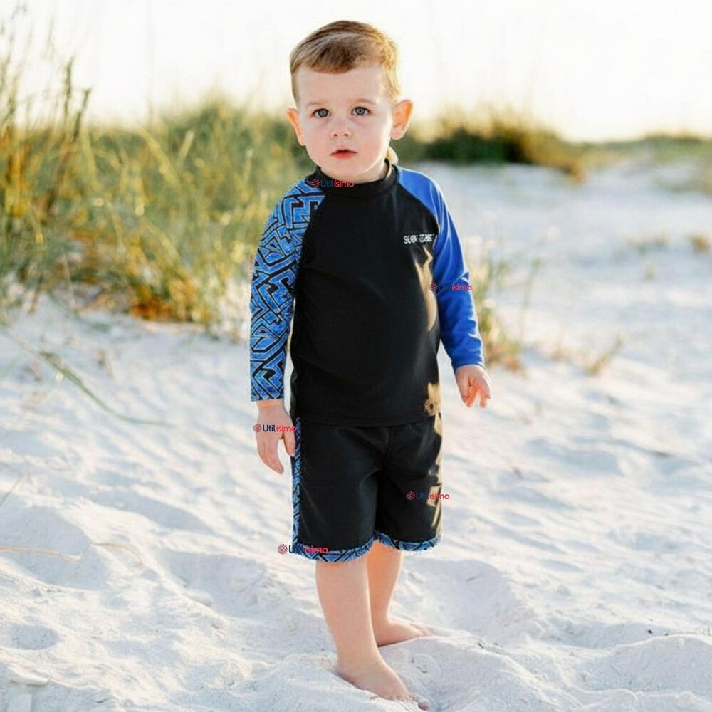 Traje De Ba&ntilde;o Manga Larga Pantal&oacute;n Corto 2 Piezas Corte Split Ni&ntilde;o 3 A 11 A&ntilde;os Black image number 0.0