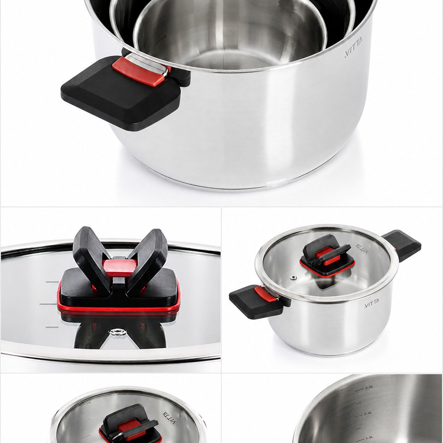 Bater&iacute;a De Cocina 6 Piezas Acero Inox Con Asas Retr&aacute;ctiles Y Apta Para Inducci&oacute;n Modelo Spazio Marca Vitta image number 5.0
