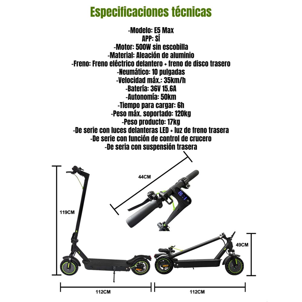 Scooter El&eacute;ctrico Aluminio Con App 50km 36v 500w E5max image number 4.0