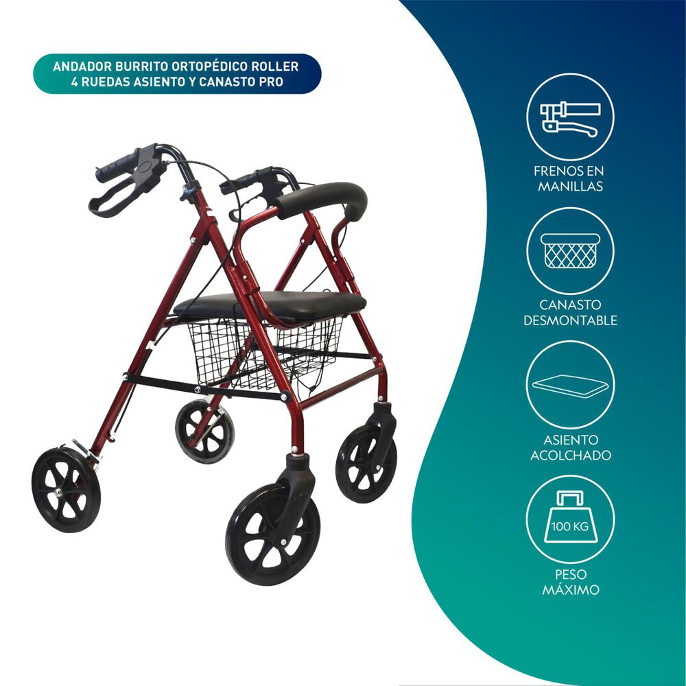 Andador Burro Ortop&eacute;dico 4 Ruedas - Asiento Y Canasto Pro image number 3.0