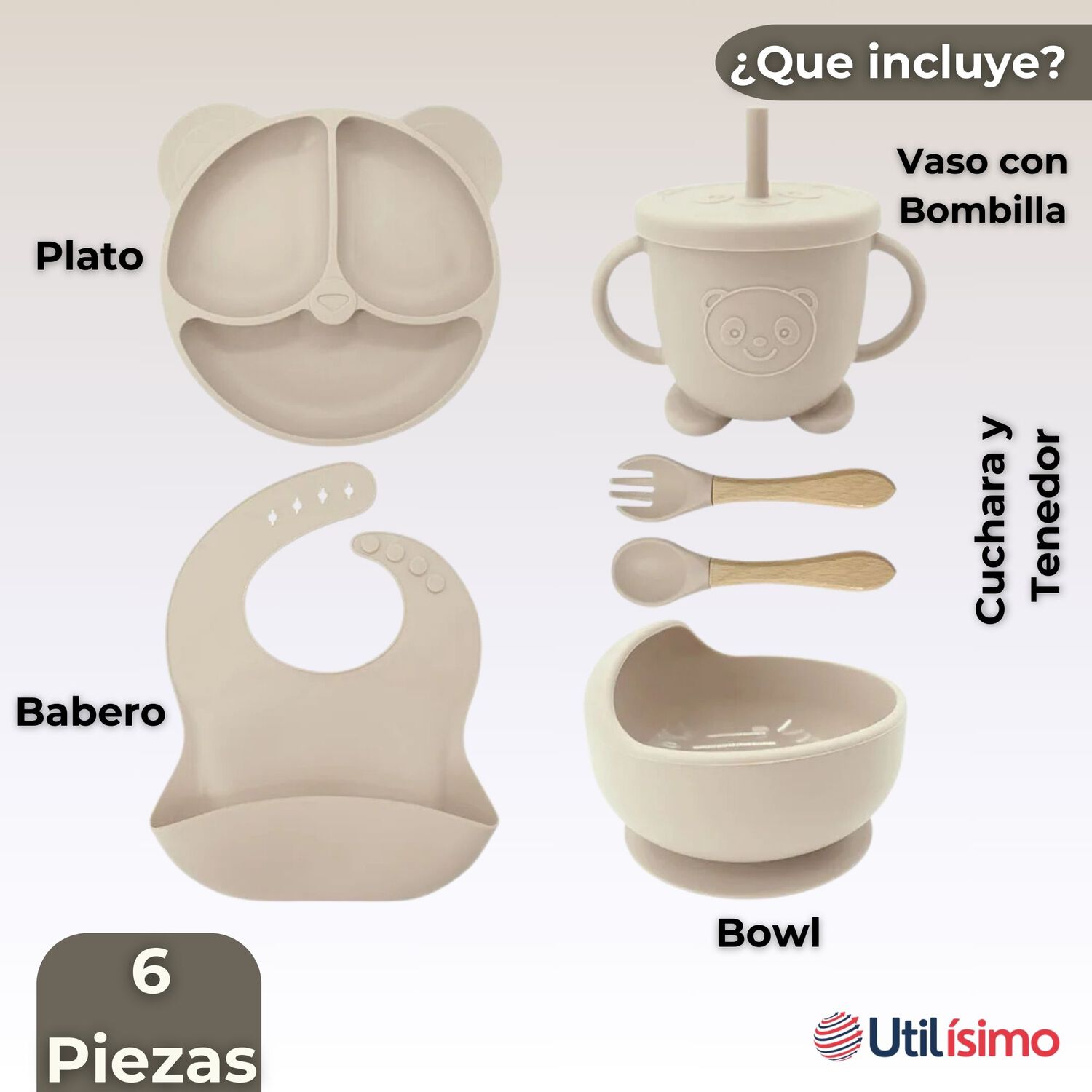 Set De Alimentaci&oacute;n Beb&eacute; Silicona De Oso 6 Piezas Libre Bpa Color Beige image number 6.0
