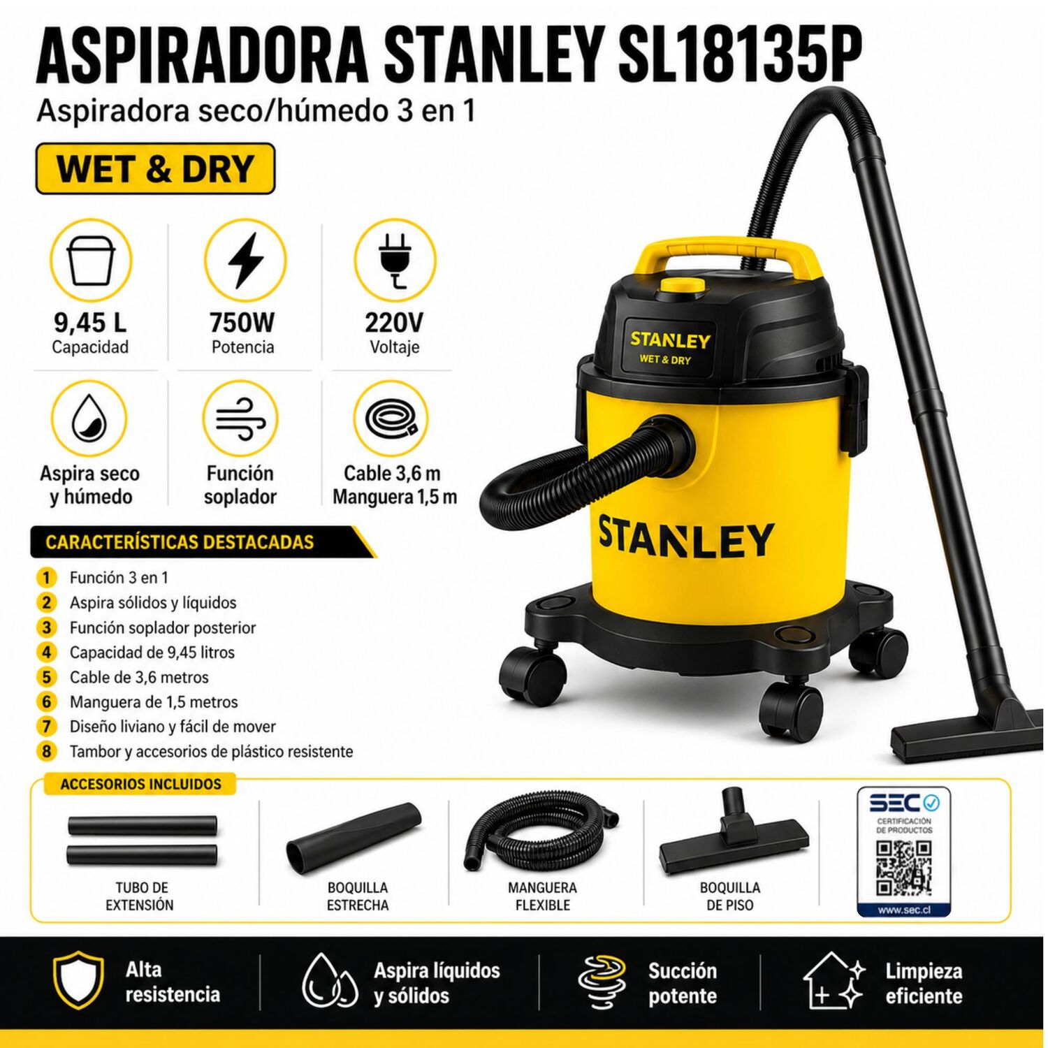 Aspiradora Y Sopladora Stanley (solidos & L&iacute;quidos) Sl18135p 9.5 Lt image number 7.0