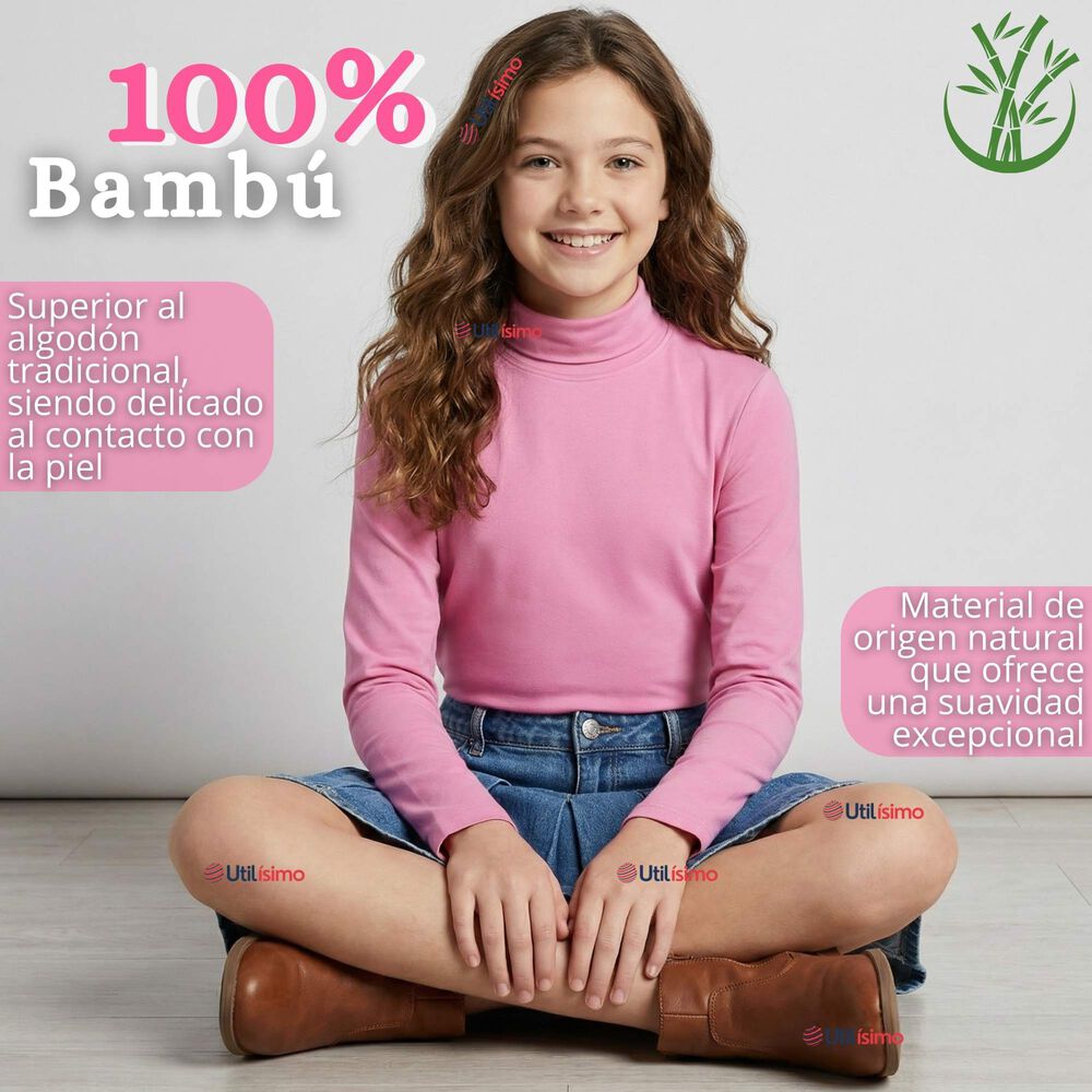 Polera Camiseta Bamb&uacute; Rosada Cuello Beatle Primera Capa Manga Larga Ni&ntilde;a image number 3.0