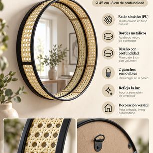 Espejo Circular De Pared Decorativo Rat&aacute;n Sint&eacute;tico Y Marco Metal Negro 45 Cm