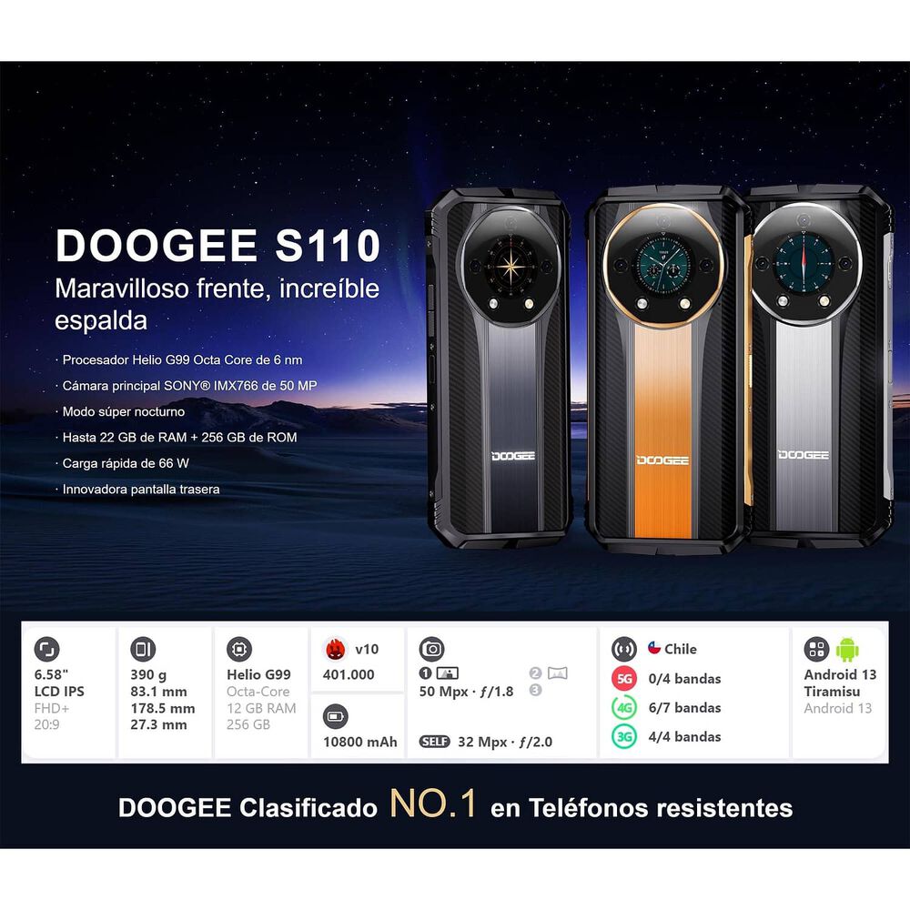 Celular Rugged Doogee S110 Resistente A Golpes, Polvo, Humedad Y Agua / Bater&iacute;a Potente, C&aacute;mara Con Visi&oacute;n Nocturna, Carga R&aacute;pida 66.0w image number 1.0