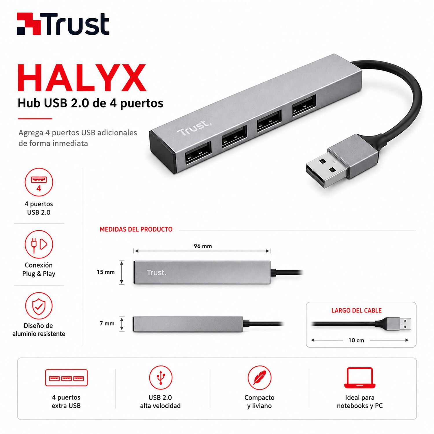 Hub Usb Trust Halyx 4 Puertos Usb 2.0 Flat Aluminium High Speed image number 7.0