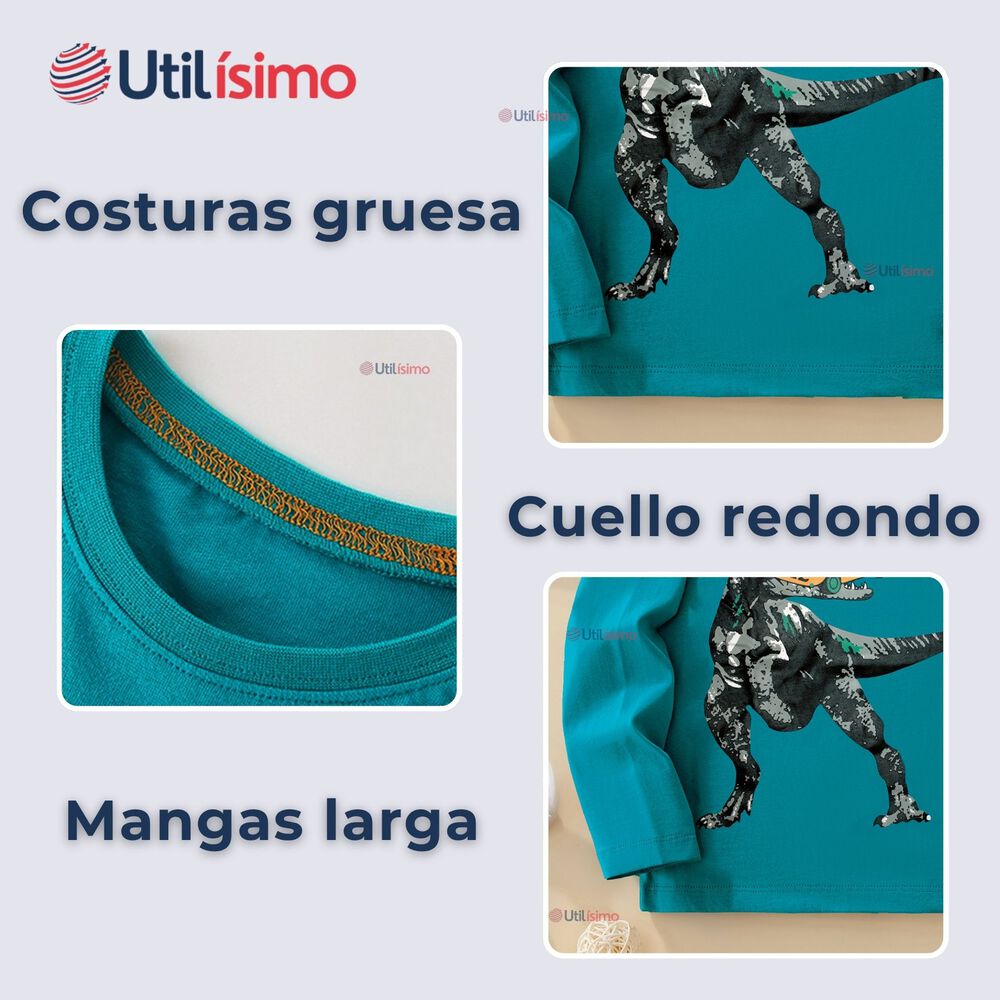 Polera Manga Larga Niño 100% Algodón Dinosaurio Verde Camiseta image number 4.0