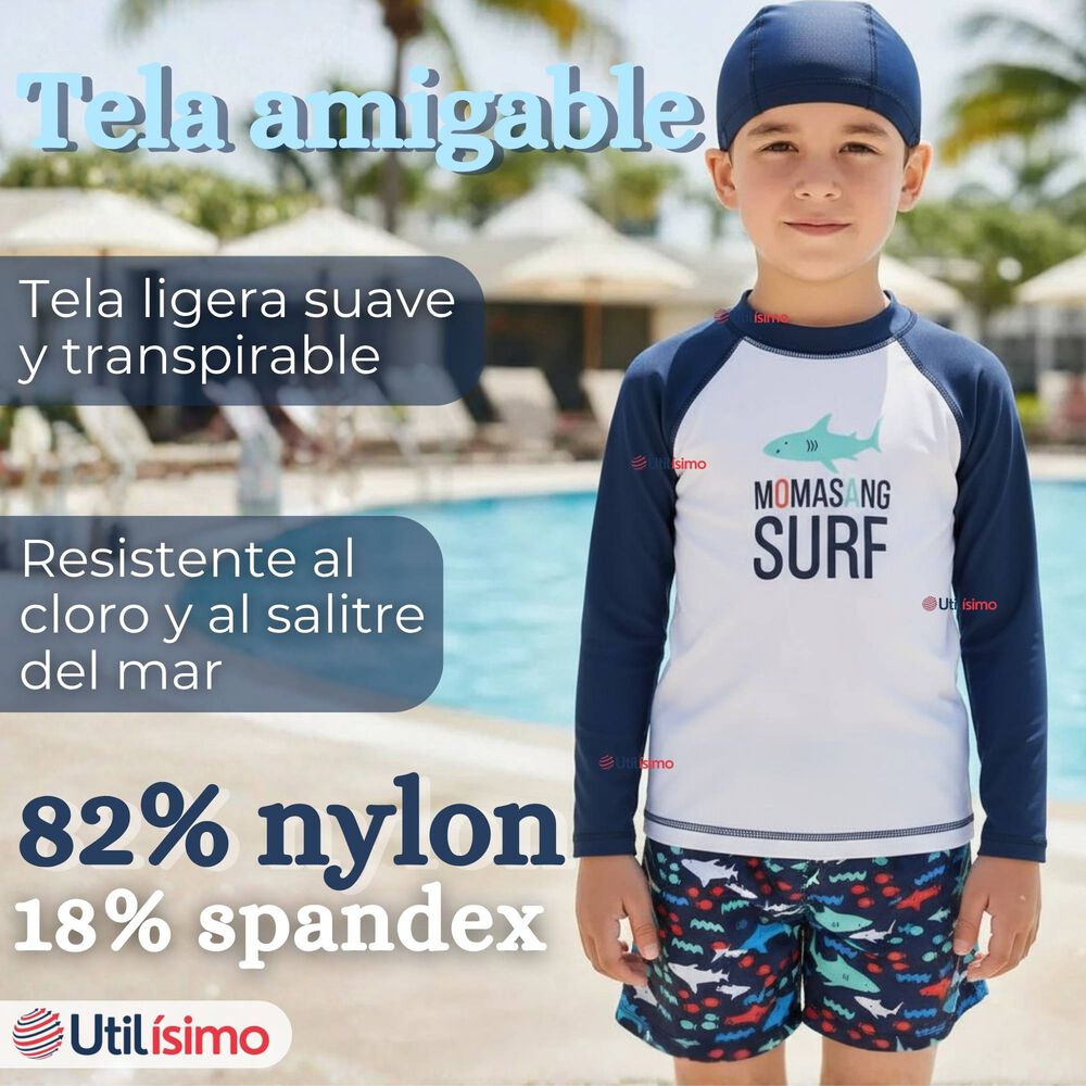 Traje De Ba&ntilde;o Con Gorro Pantal&oacute;n Corto Manga Larga 3 Piezas Corte Split Ni&ntilde;o 3 A 9 A&ntilde;os Blue Surf image number 3.0