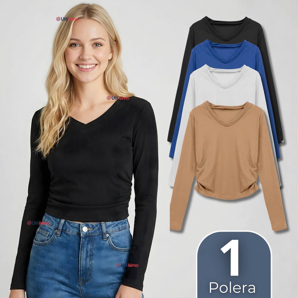 Camiseta Polar Polera Cuello V Mujer Manga Larga Tela Acanalada Colores Surtidos image number 0.0