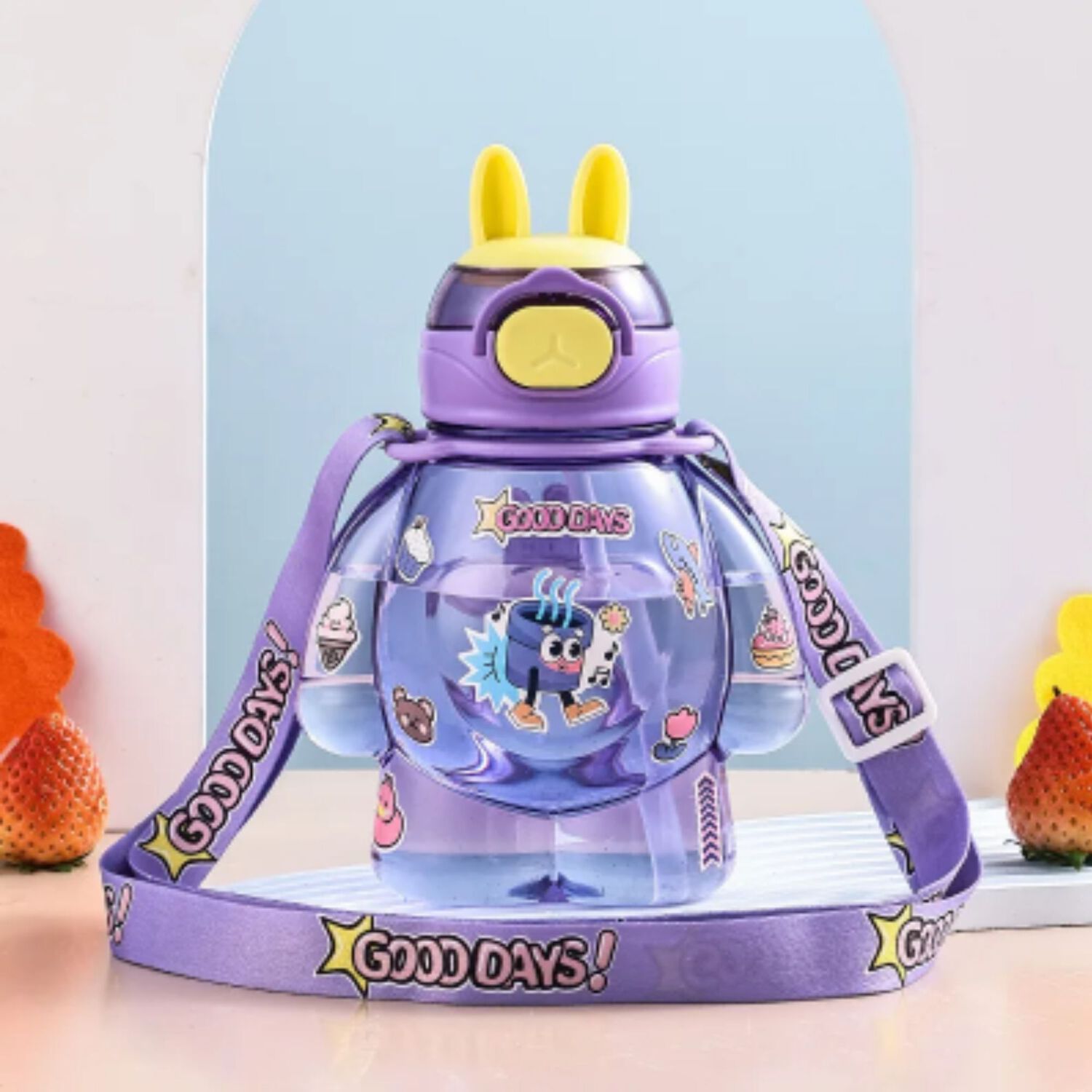 Botella Pl&aacute;stica 650ml Con Correa Y Orejitas Estilo Kawai Sin Bpa Ni&ntilde;os Purple image number 0.0