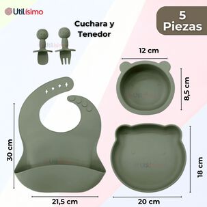 Set De Alimentación Bebé Silicona 5 Piezas De Osito Libre Bpa Color Verde