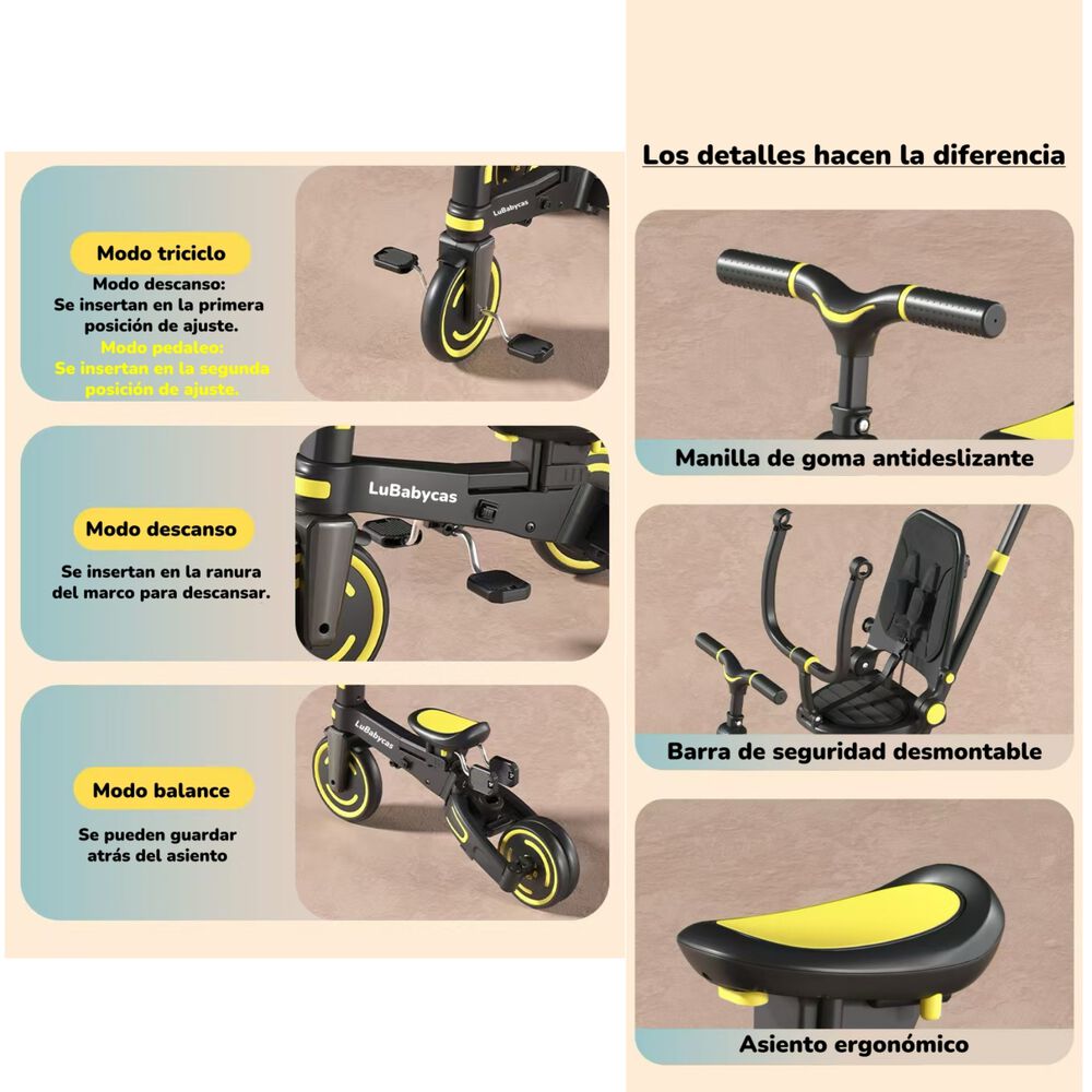 Triciclo Balance Plegable Con Bolso 9 En 1 Lubabycas Rosado image number 5.0