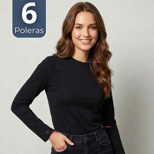 Pack 6 Camisetas Poleras Bamb&uacute; Primera Capa Negro Manga Larga Mujer