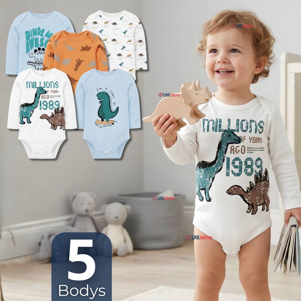 Pack 5 Bodys Manga Larga 100% Algod&oacute;n Beb&eacute; Ni&ntilde;o Dino Aventure image number 0.0
