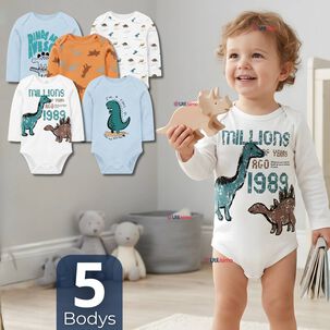 Pack 5 Bodys Manga Larga 100% Algod&oacute;n Beb&eacute; Ni&ntilde;o Dino Aventure