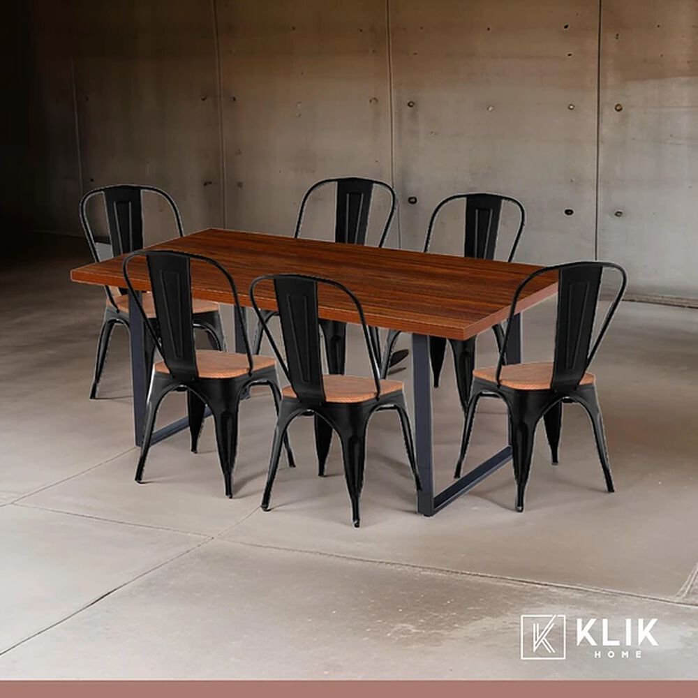 Comedor Industrial 160x90 Oscura + 6 Sillas Tolix Negras Con Asiento De Madera Oscura Walnut image number 1.0