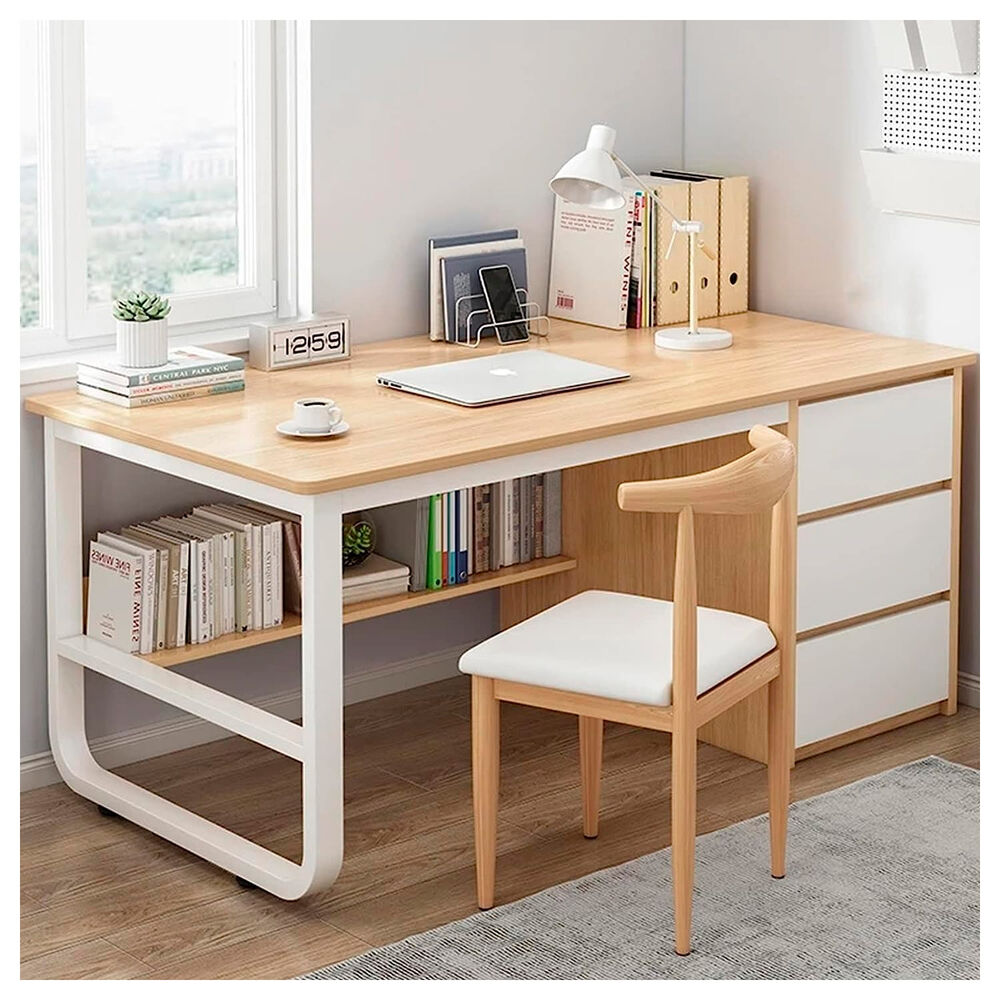 Escritorio Con 3 Cajones Y Estante Librero Madera Blanco Oficina image number 4.0