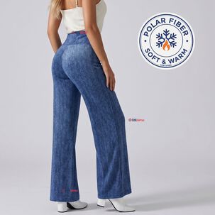 Calza Pantal&oacute;n Polar Con Chiporro Palazzo Mujer Elasticada T&eacute;rmica Azul Jeans