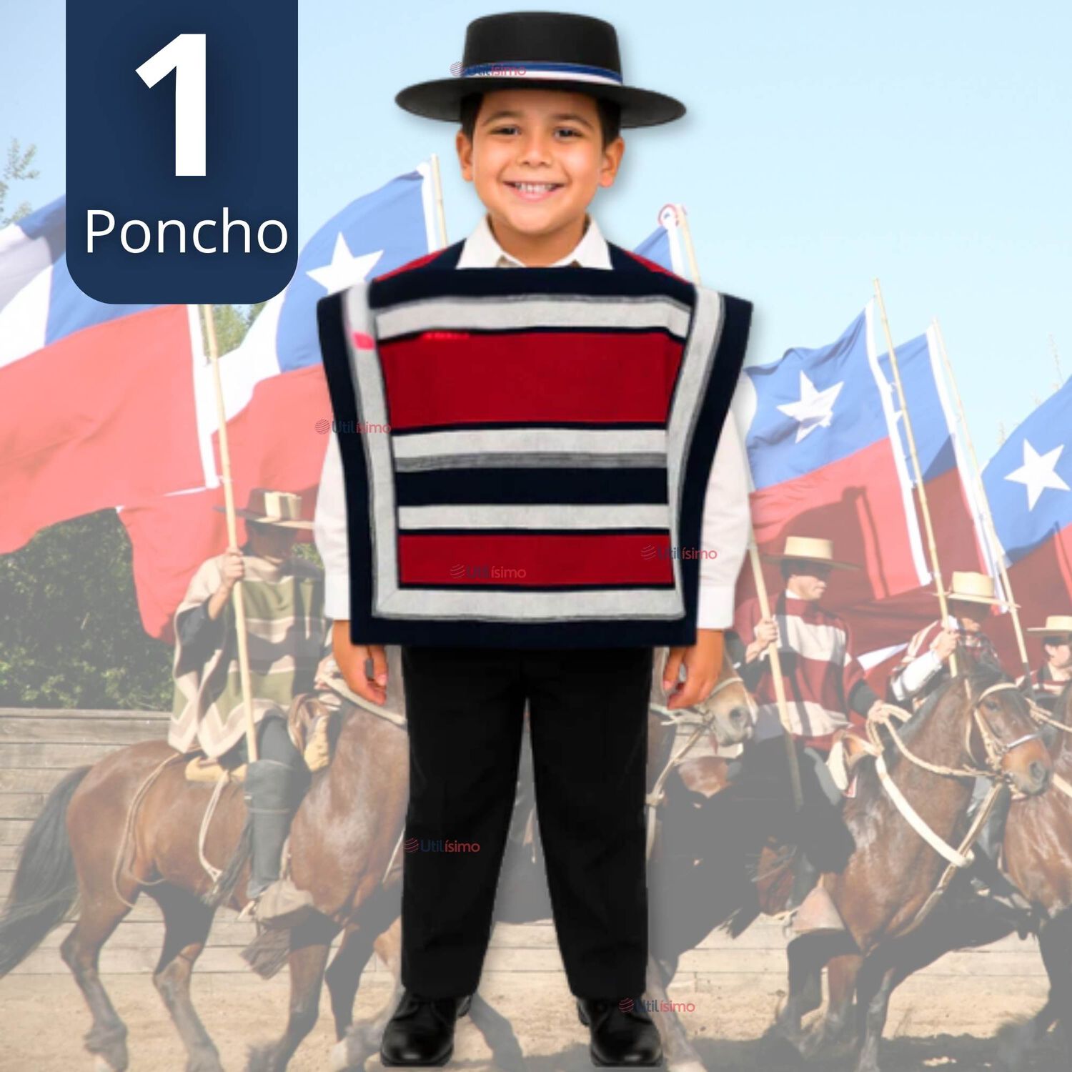 Poncho Manta Huaso Cueca Fiestas Patrias Para Ni&ntilde;os image number 0.0