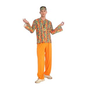 Disfraz Hippie Hombre Con Pantal&oacute;n Naranja Y Camisa Floreada Set Completo Para Fiestas Tem&aacute;ticas Y Disfraces Halloween
