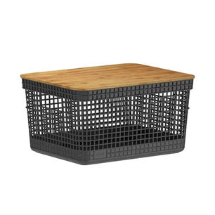 Cesta Organizadora Grid Con Tapa De Bamb&uacute; 8 L Negro