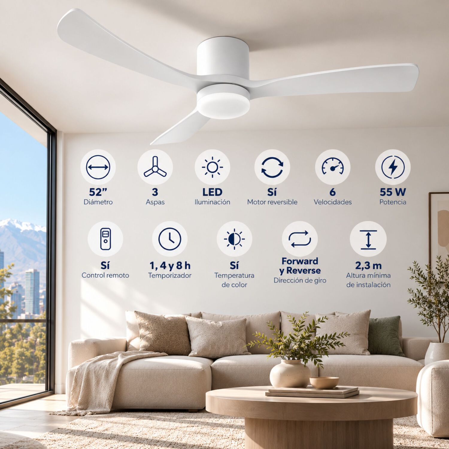 Ventilador De Techo Sumo Vt60 Blanco Led 52" 3 Aspas De Madera Blanco image number 1.0