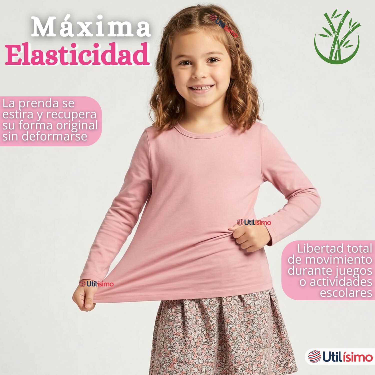 Pack 3 Camisetas Poleras Bamb&uacute; Cuello Redondo Rosado Claro Primera Capa Manga Larga Ni&ntilde;a image number 5.0