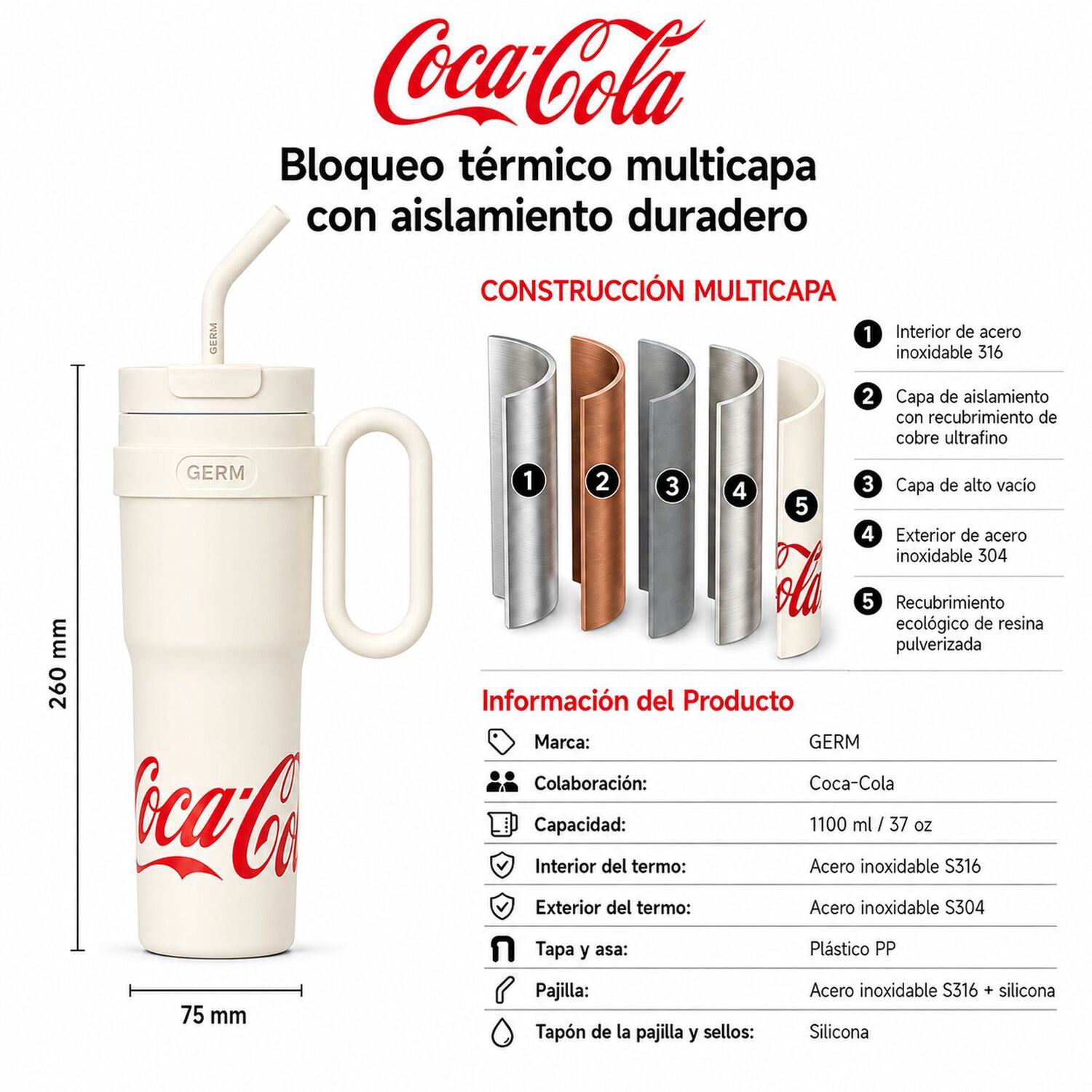 Vaso T&eacute;rmico Germ Coca-cola 1100ml White Acero Inoxidable image number 5.0