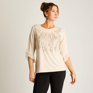 Polera Strass Aplicación Gasa Manga 3/4 Cuello Redondo Mujer Lorenzo Di Pontti