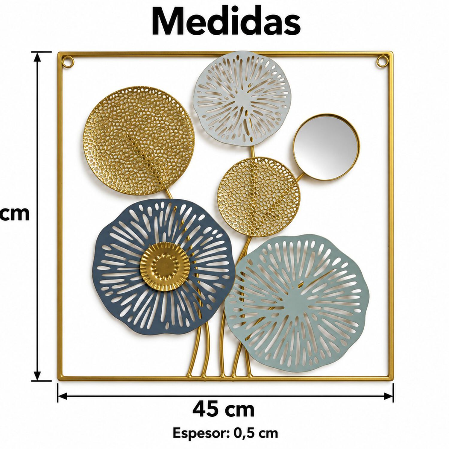 Cuadro Decorativo Met&aacute;lico Floral Con Espejo 45x45 Cm Dise&ntilde;o Calado Dorado Y Azul image number 6.0