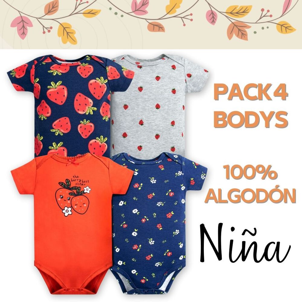 Pack 4 Bodys Ni&ntilde;a Manga Corta Tedmimak 100% Algod&oacute;n Rojo Fresa image number 4.0