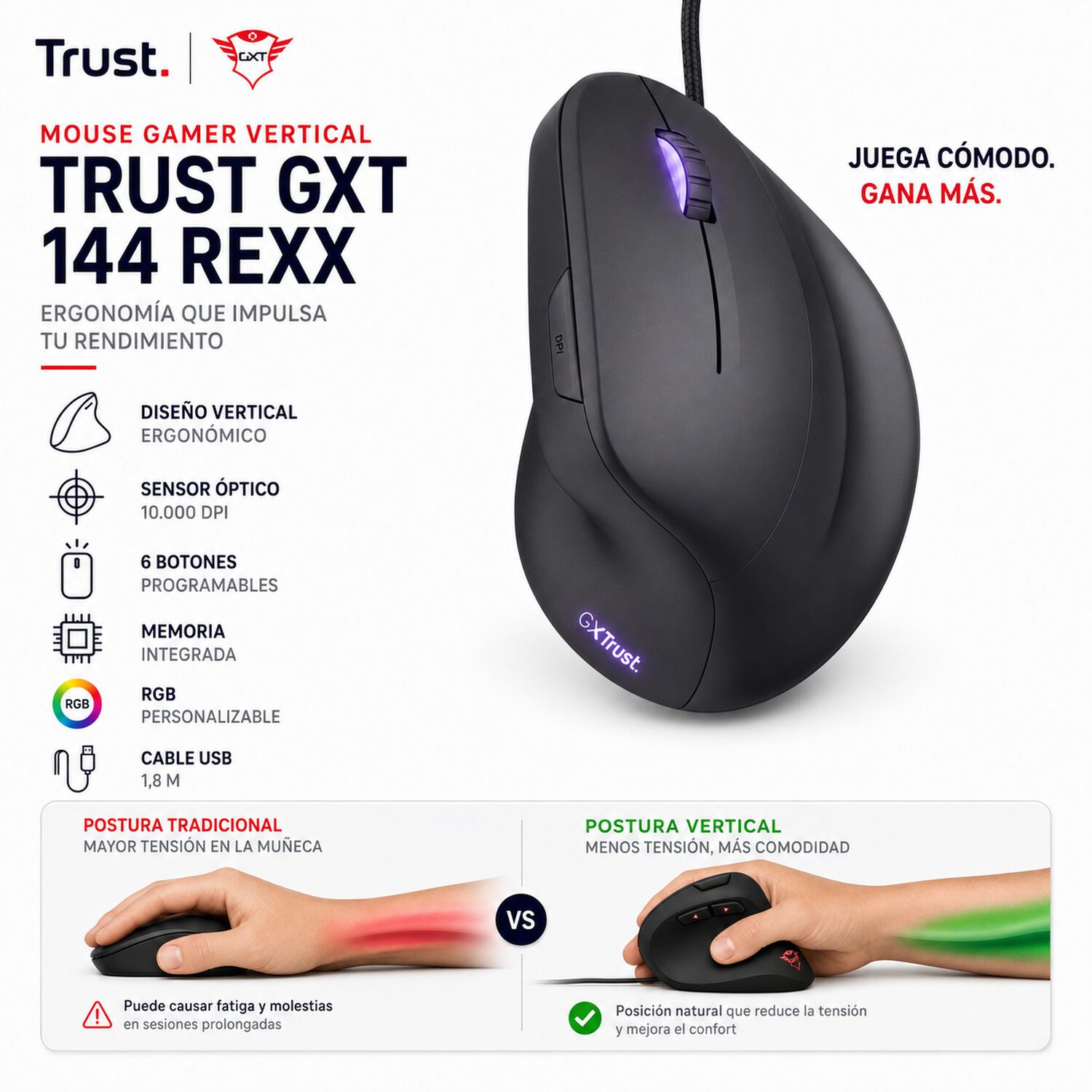 Mouse Gamer Vertical Trust Gxt 144 Rexx 10000 Dpi Ergonomico image number 7.0