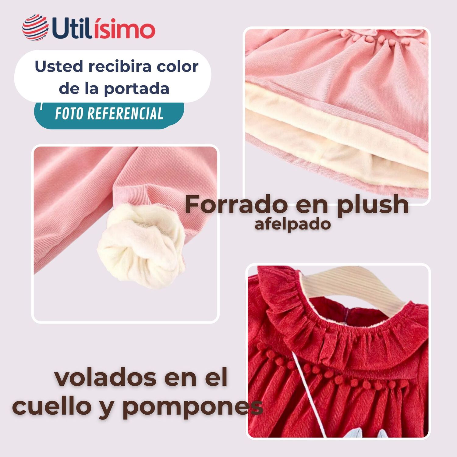 Vestido De Cotel&eacute; Con Bolso Conejo Forrado En Plush Ni&ntilde;a Color Rojo image number 3.0