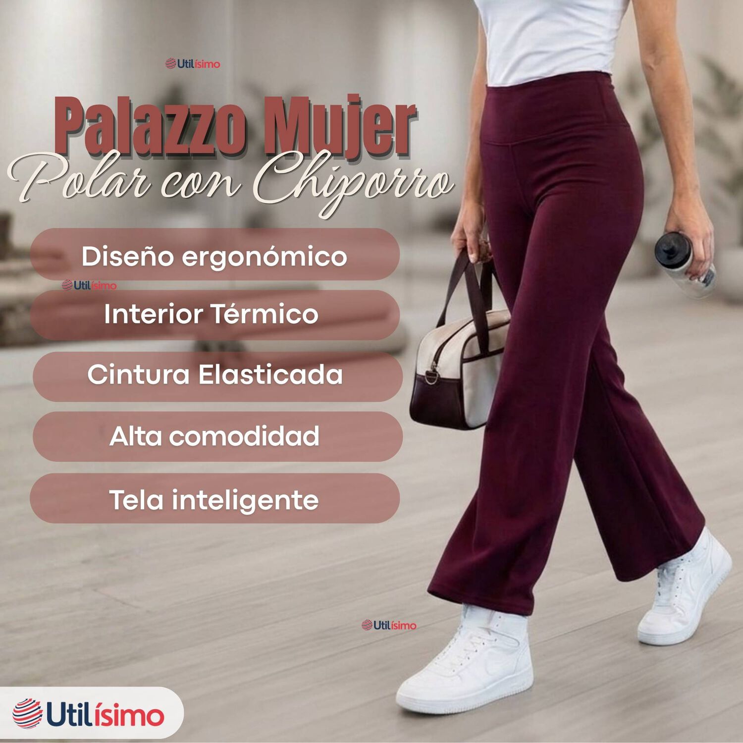 Calza Polar Con Chiporro Palazzo Mujer Elasticada T&eacute;rmica Burdeo image number 2.0