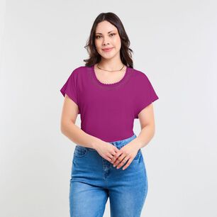 Polera Lisa Manga Corta Cuello Redondo Con Aplicaci&oacute;n Lace Mujer Sexy Large