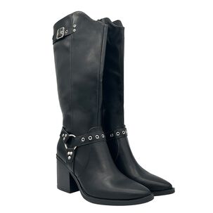 Bota De Mujer Color Negro Ca&ntilde;a Alta Con Hebilla Y Tachas