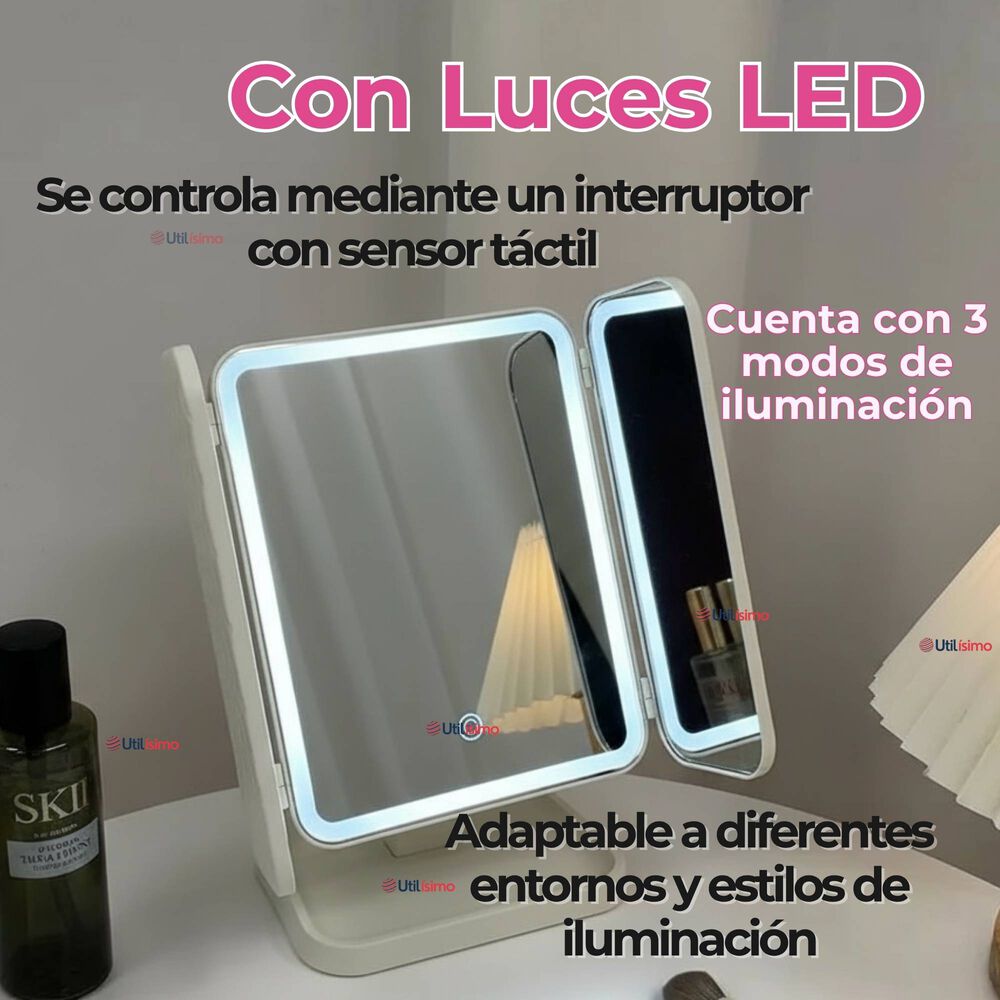 Espejo De Maquillaje Tri Plegable Con Luces Led Recargable image number 5.0