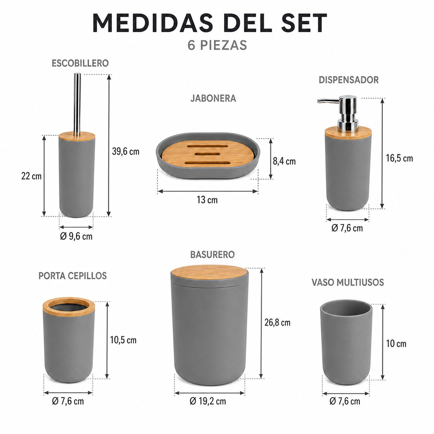 Set De Ba&ntilde;o 6 Piezas Moderno Gris Con Bamb&uacute; Incluye Basurero Y Dispensador image number 7.0