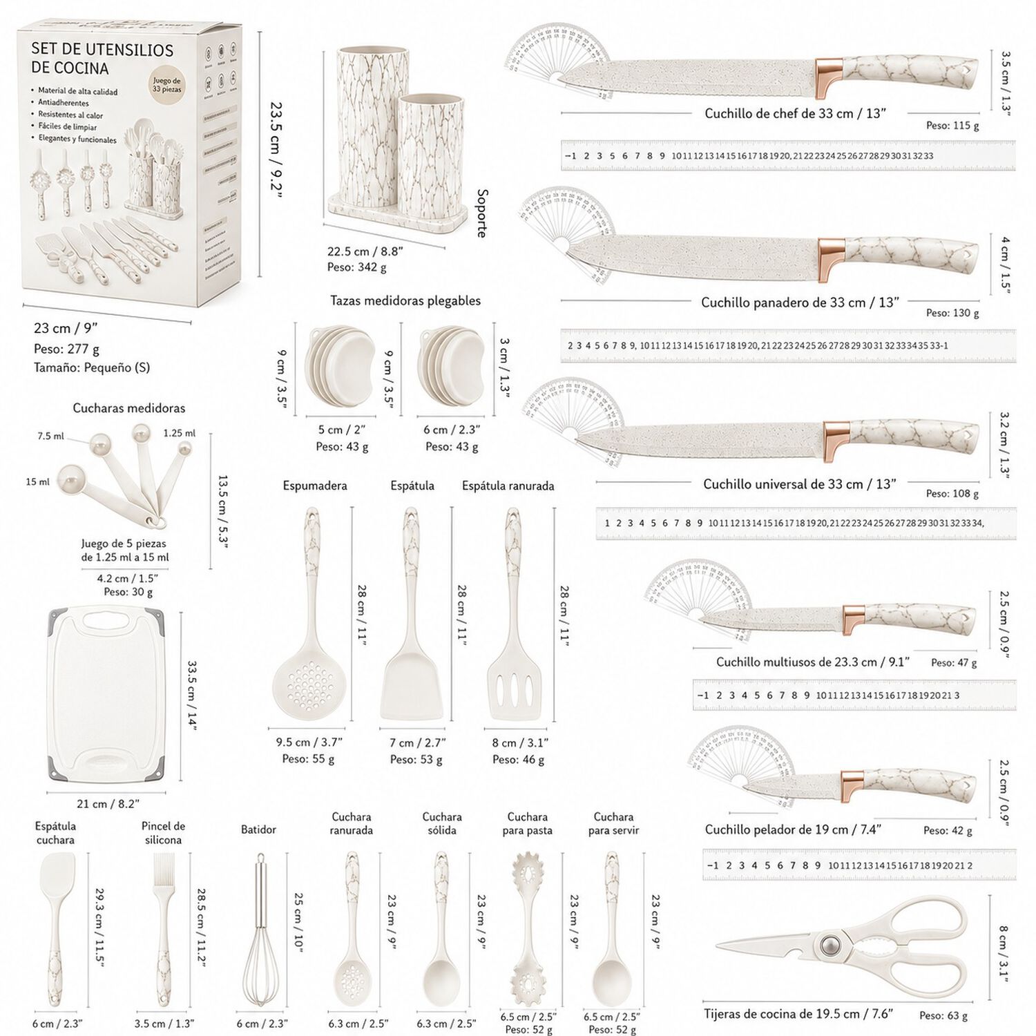 Set Utensilios De Cocina 25 Piezas Marmoleado Blanco Dorado image number 6.0