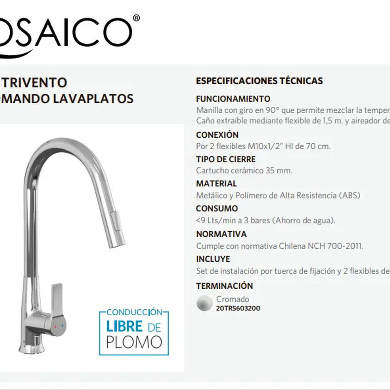 Monomando Grifo Llave Lavaplatos Fregadero Modelo Trivento Marca Stretto image number 5.0