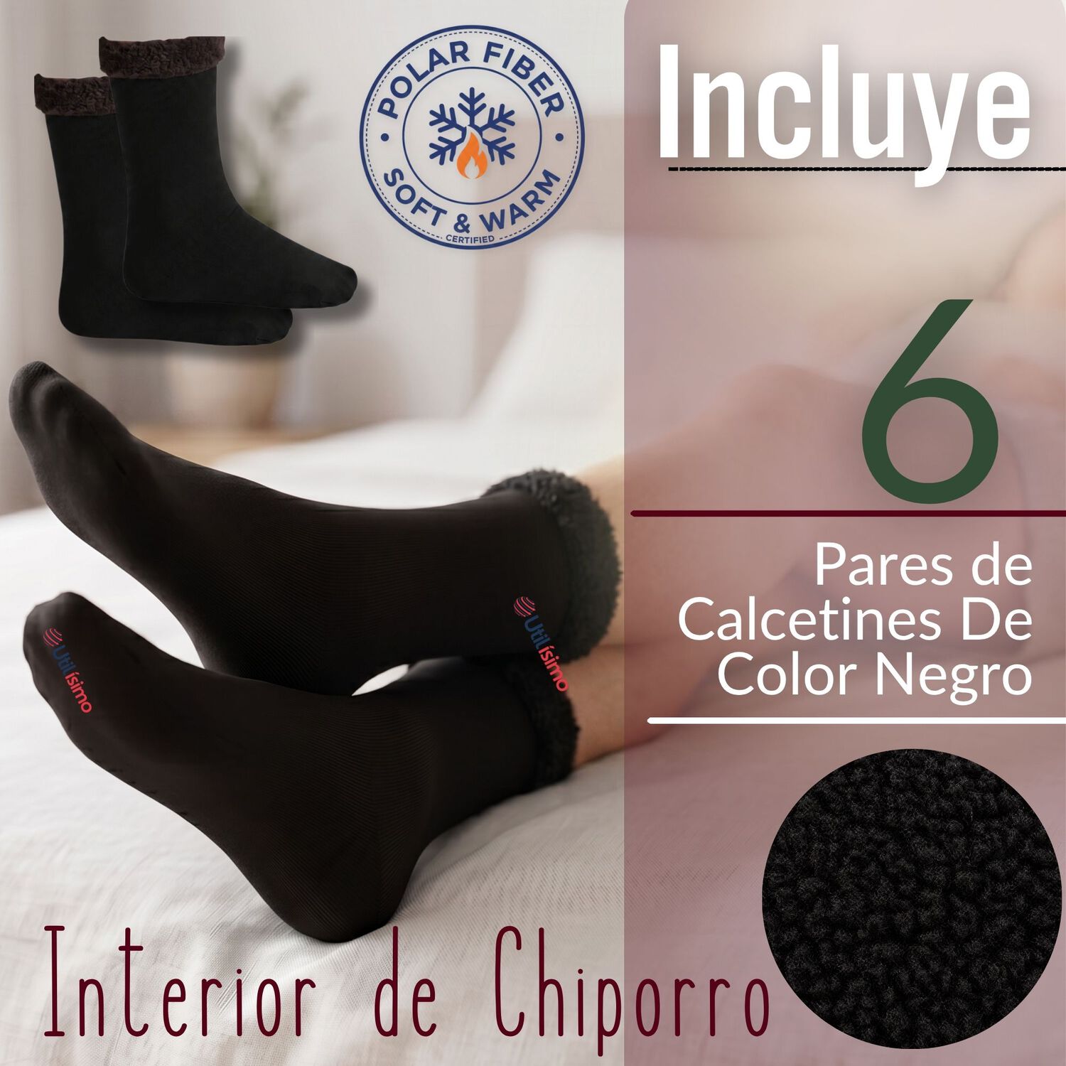 Pack 6 Pares Calcetines Chiporro Mujer Ultra T&eacute;rmico Negro Invierno Polar image number 1.0