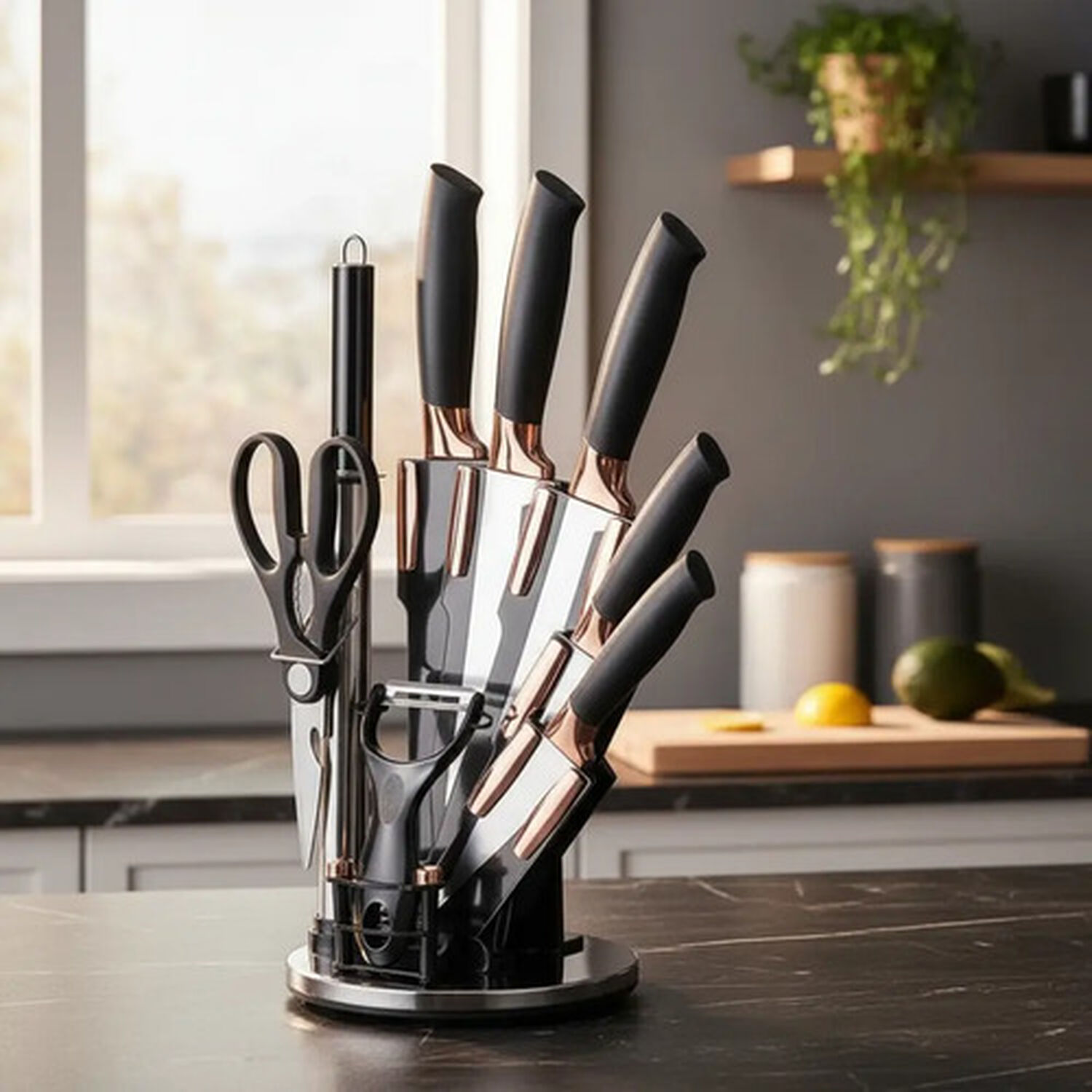 Set Cuchillos De Cocina 9 Piezas Con Base Giratoria Liso Negro image number 0.0